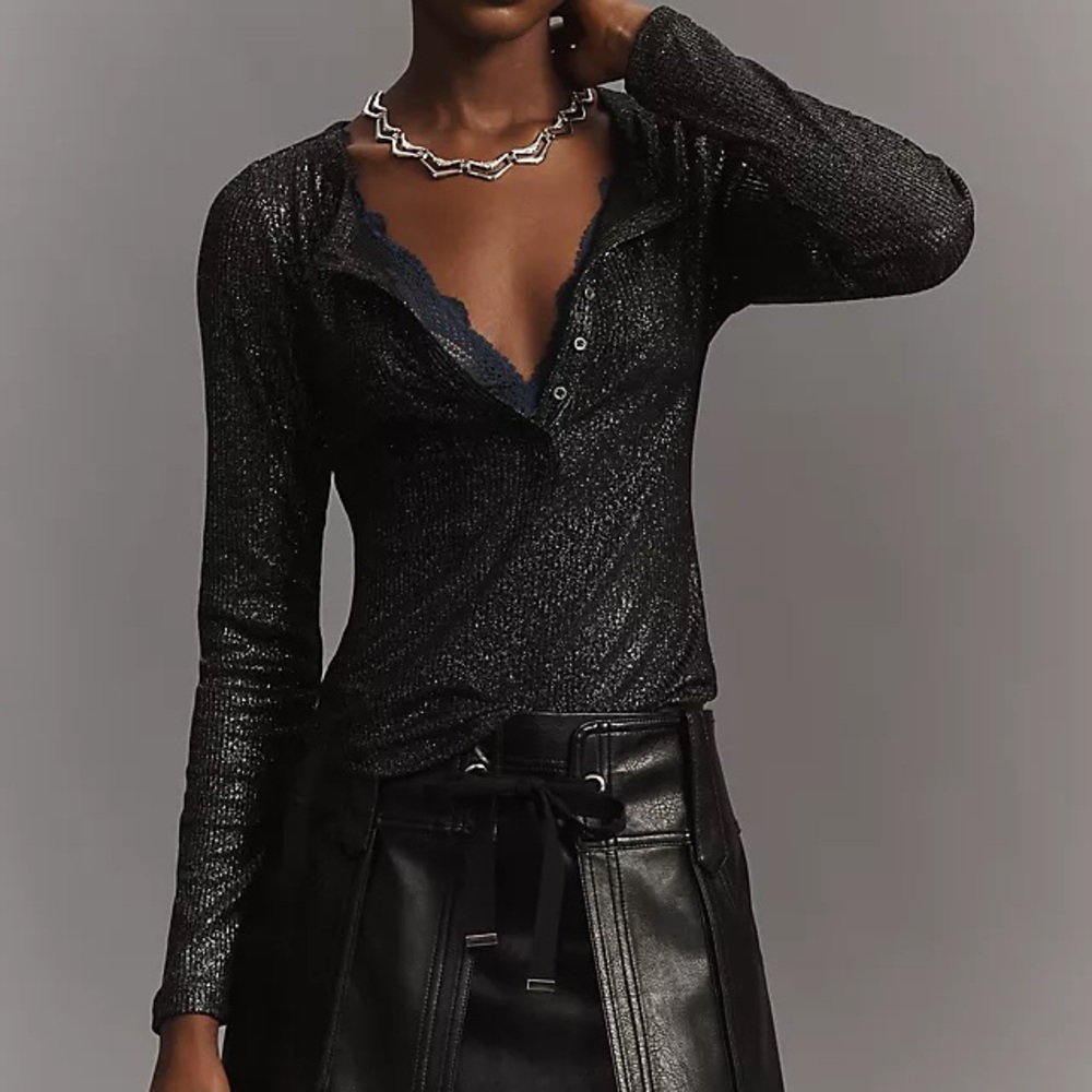 Pilcro Andie Ribbed Spotlight Henley Top Black Metallic Shimmer Going Out S